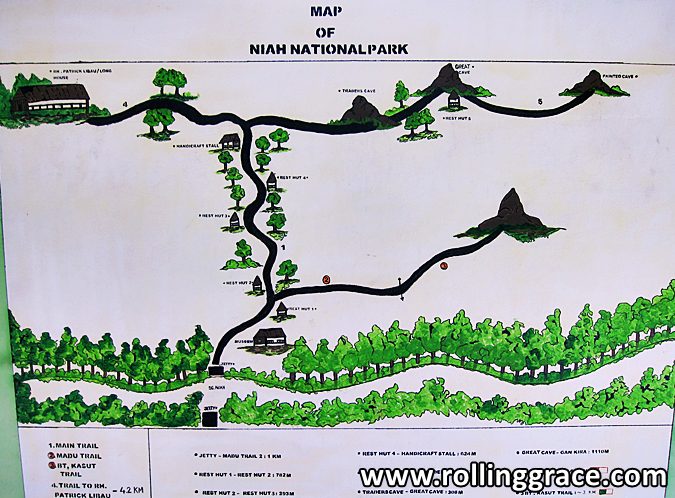 Hand-painted trail map board of Niah National Park showing the route from headquarters to the caves