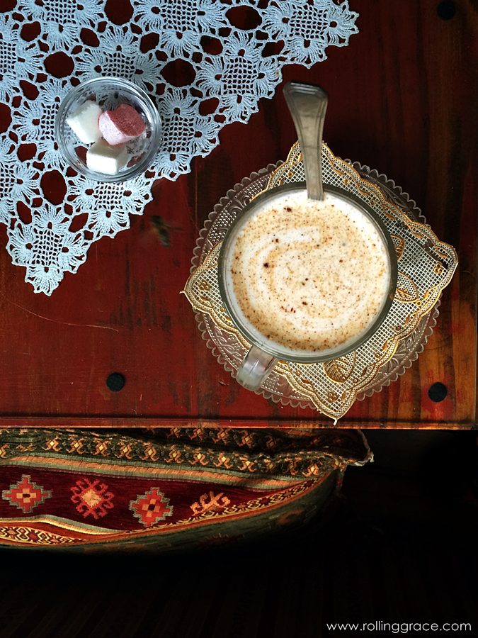 Čajdžinica Džirlo: A Beautiful Sarajevo Tea House in Bosnia 2 Warm salep drink dusted with cinnamon in an ornate cup at Čajdžinica Džirlo Sarajevo