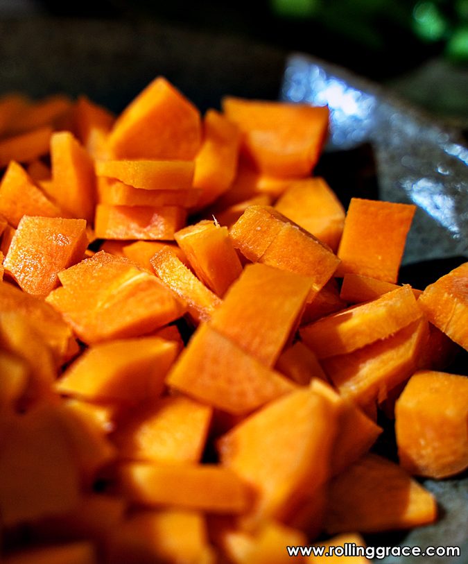 Diced orange-fleshed sweet potatoes prepared for a Cek Mek Molek recipe