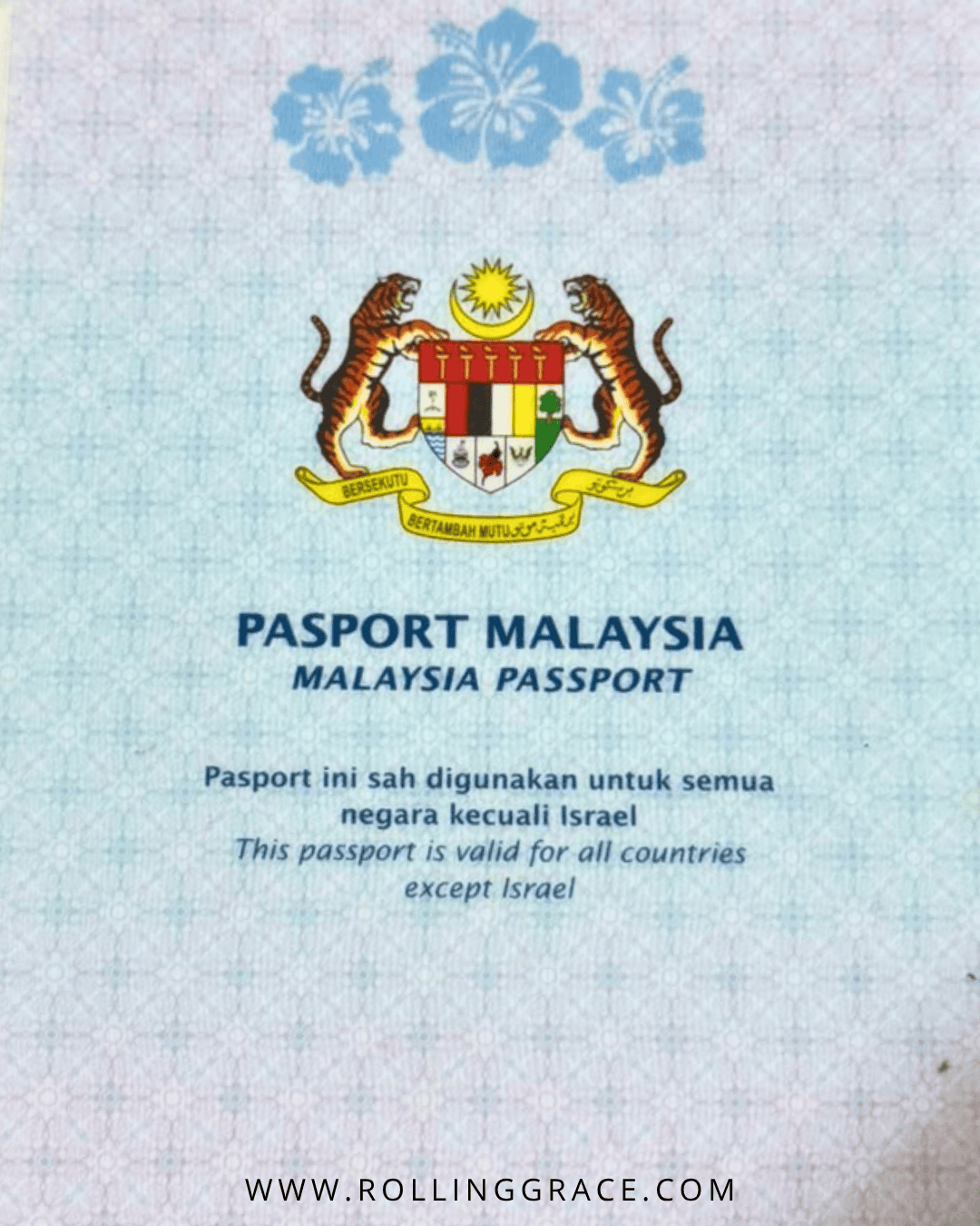 Malaysia passport information page with coat of arms and Israel travel restriction, one of three countries that do not recognise Israel and print it in their passports