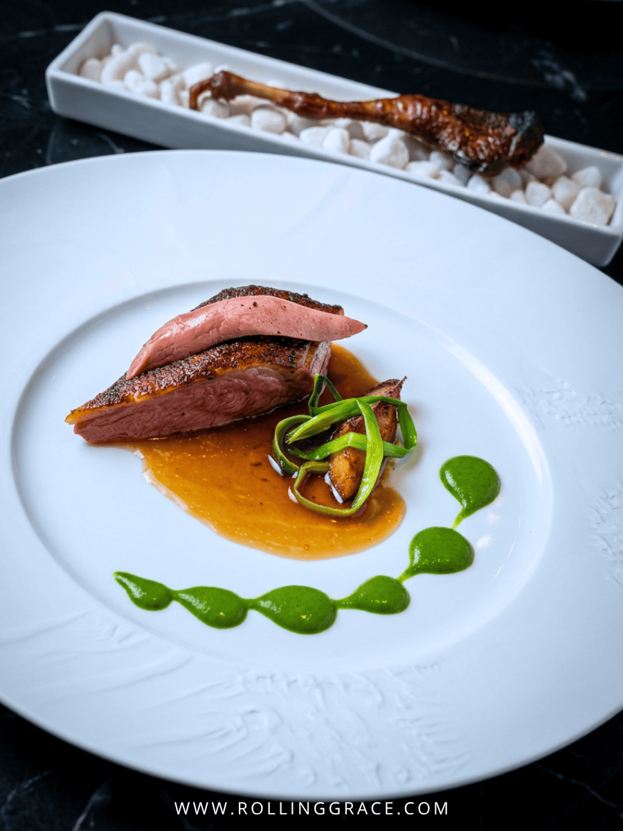 Longjing green tea smoked pigeon breast with eggplant and charcoal-grilled leg at Ortensia Shanghai