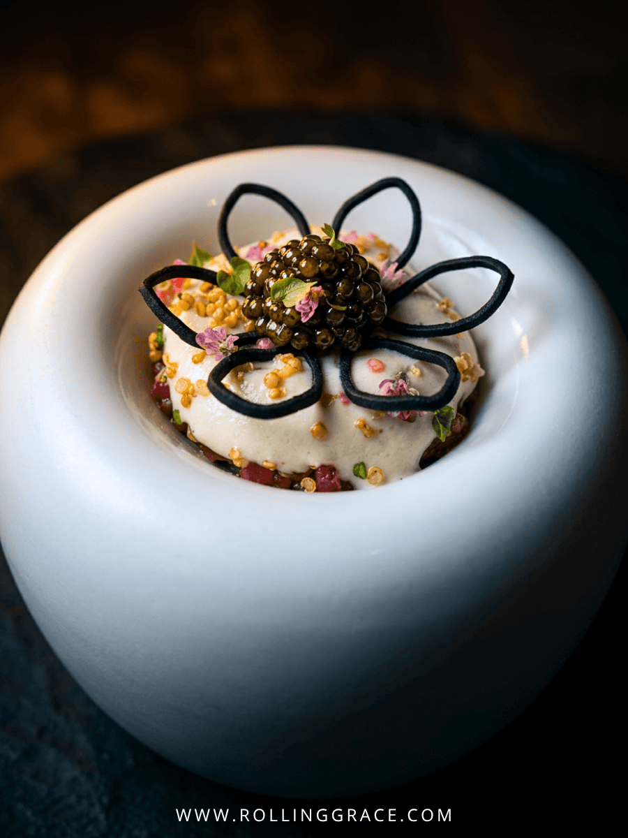 Signature beef tartare topped with caviar at Ortensia Shanghai