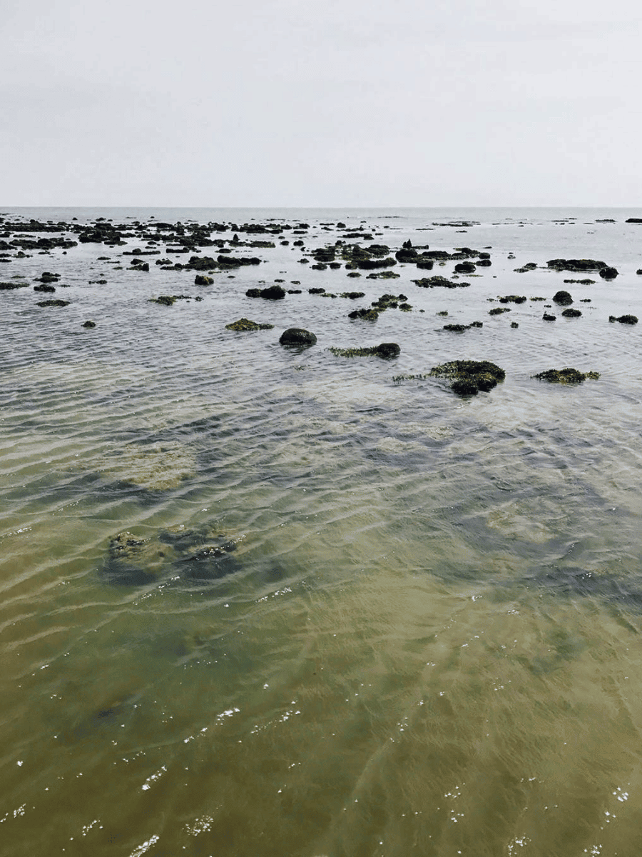 Shallow calm water over scattered rocks at Pantai Tanjung Biru in Port Dickson