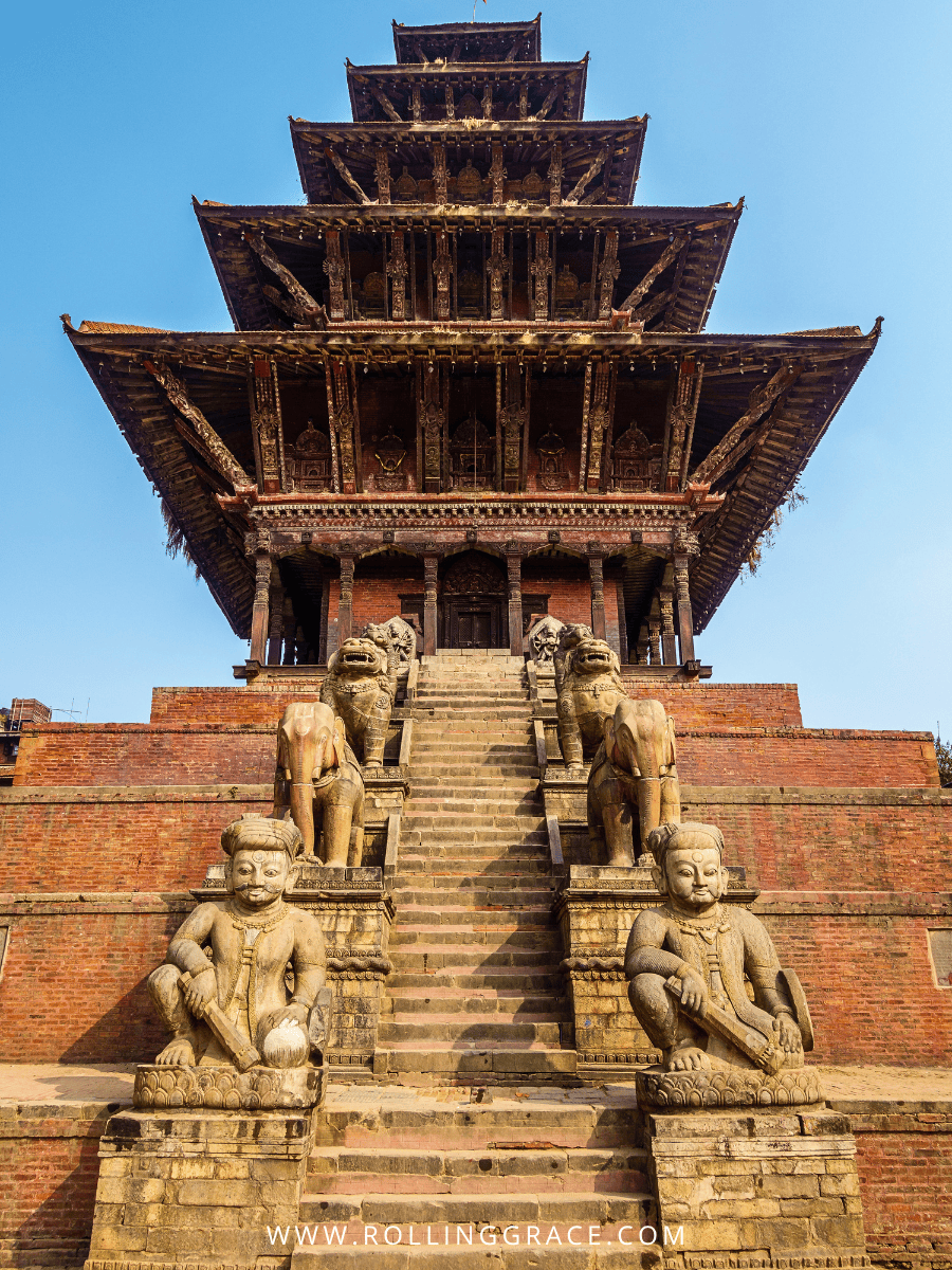 Nyatapola pagoda temple and stone guardian steps in Bhaktapur Nepal