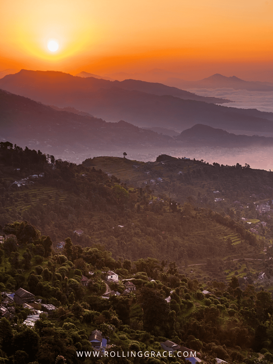 Sunrise over layered hills seen from Sarangkot above Pokhara Nepal