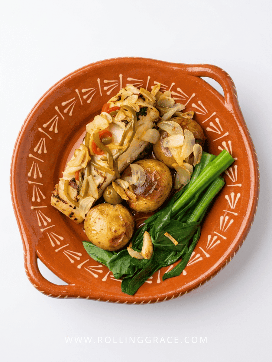 Amália Portuguese Restaurant Macau: 7 Best Dishes to Try 12 Bacalhau Assado Lagareiro roasted cod with garlic and vegetables on an orange clay plate at Amália Portuguese Restaurant Macau