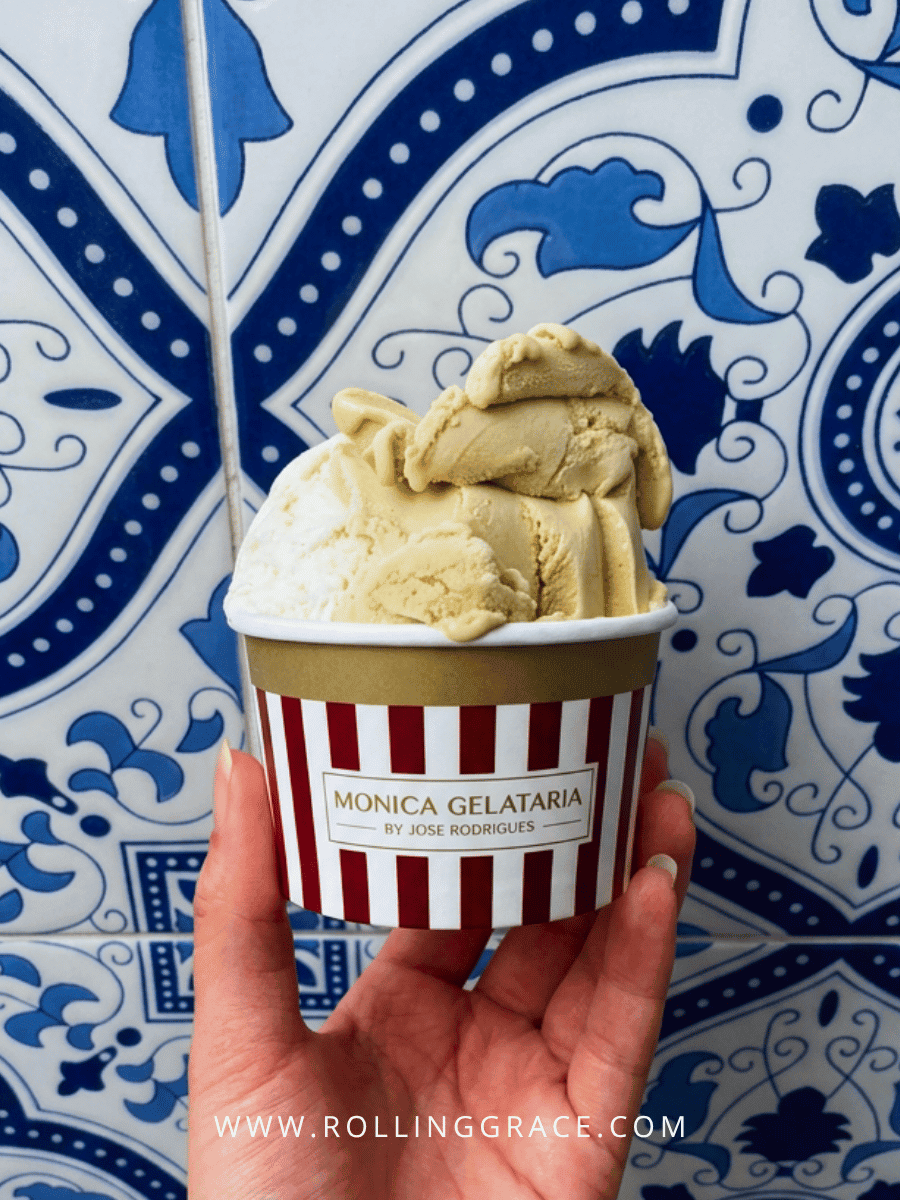 Amália Portuguese Restaurant Macau: 7 Best Dishes to Try 18 Striped tub of ice cream held against blue and white Portuguese tiles at Amália Portuguese Restaurant Macau