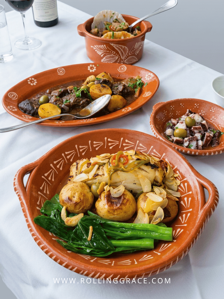 Amália Portuguese Restaurant Macau: 7 Best Dishes to Try 5 orange clay plates of Portuguese seafood dishes at Amália Portuguese Restaurant Macau