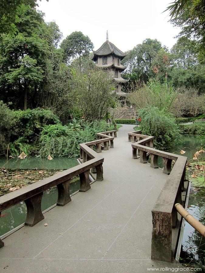 7 Stunning Things to See at Du Fu Thatched Cottage Chengdu 19 Pagoda visible through a garden pathway at Du Fu Thatched Cottage Chengdu
