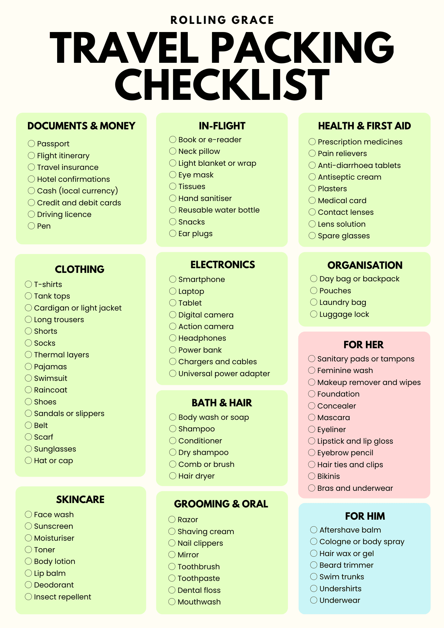 Free printable travel packing checklist with 11 categories including documents clothing electronics and skincare