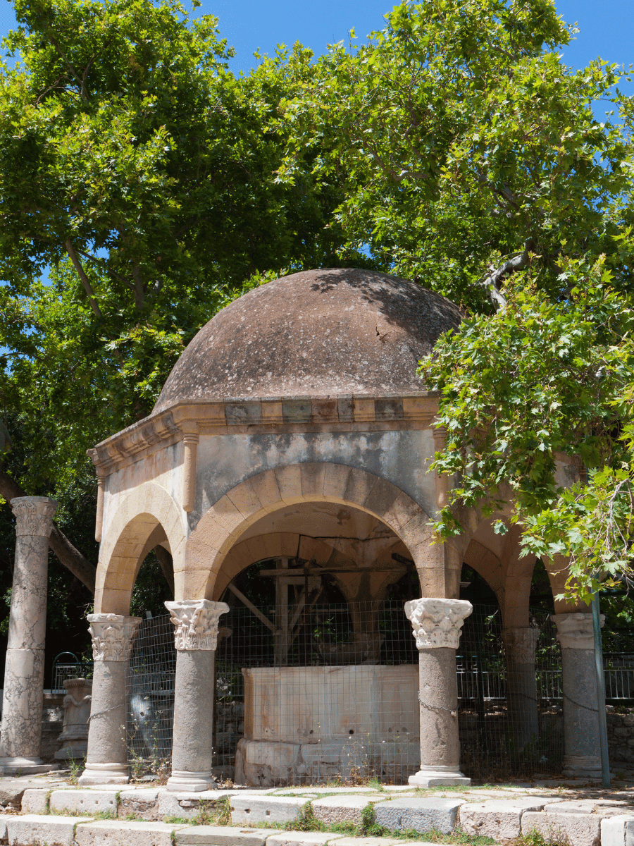 Exploring Kos Greece: 10 Most Stunning Things to Do 7 The Hippocrates Plane Tree with its 12-metre circumference trunk and Ottoman fountain in Plateia Platanou at Kos Island Greece