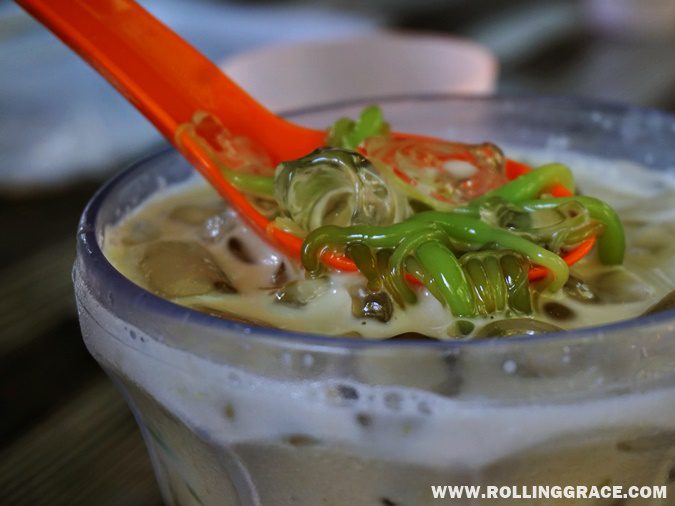 Bowl of cendol with green rice flour jelly and coconut milk at Ladang Nipah Kipli Perlis