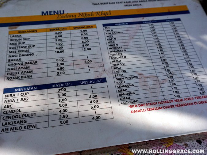 Food menu and price list at Ladang Nipah Kipli in Kuala Sanglang Perlis