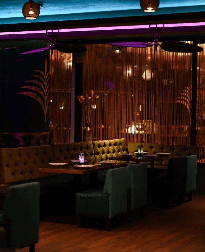 Marooush Charlottenburg Berlin interior with warm amber lighting and Middle Eastern lounge decor