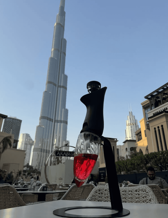 Arabeska Restaurant Souk Al Bahar with Burj Khalifa night view and shisha terrace service