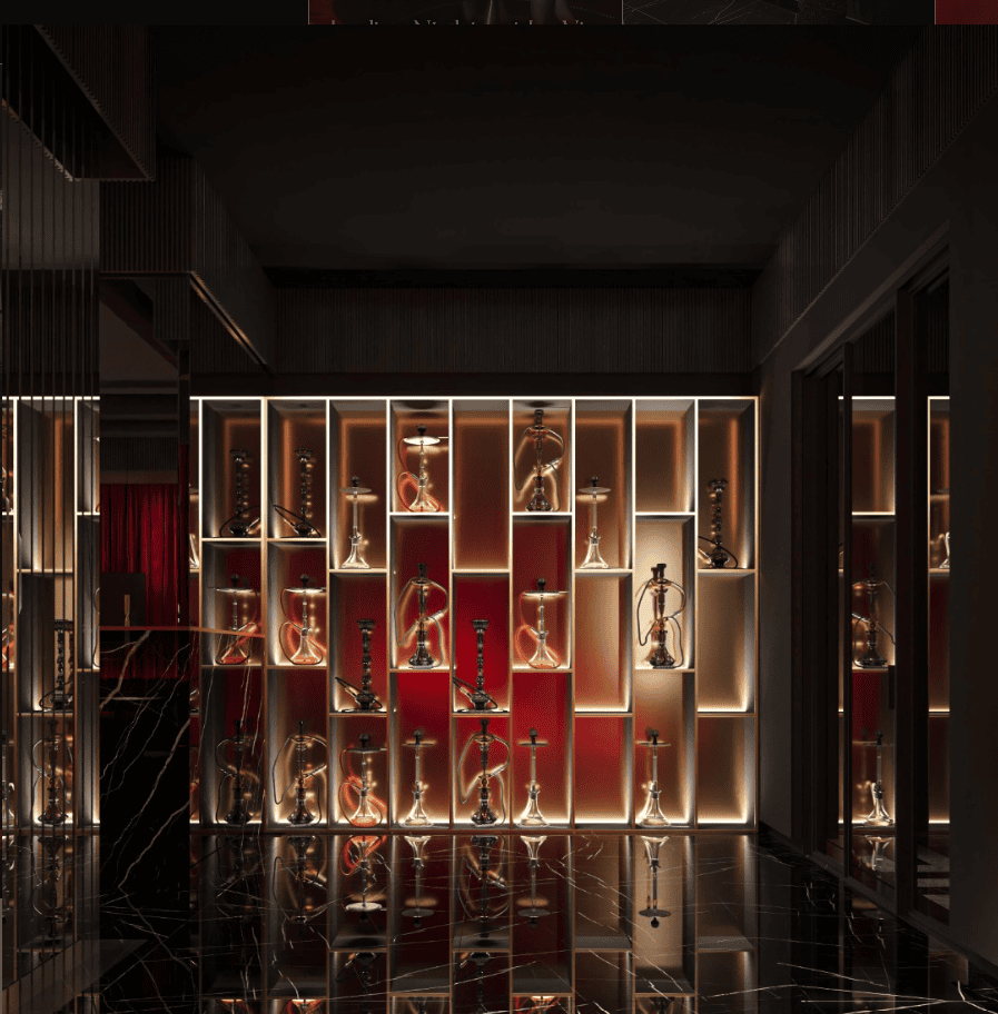 La Vie Sheikh Zayed Road luxury shisha lounge with warm lighting and elegant shelving