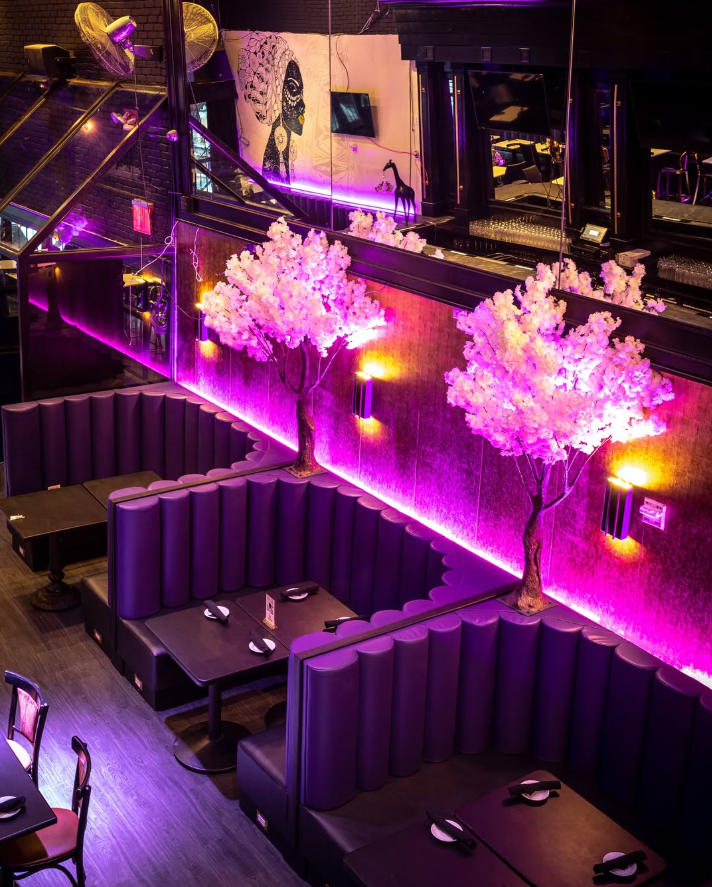 Lagos TSQ Times Square interior with purple lighting and floral decor at the West African fusion hookah lounge