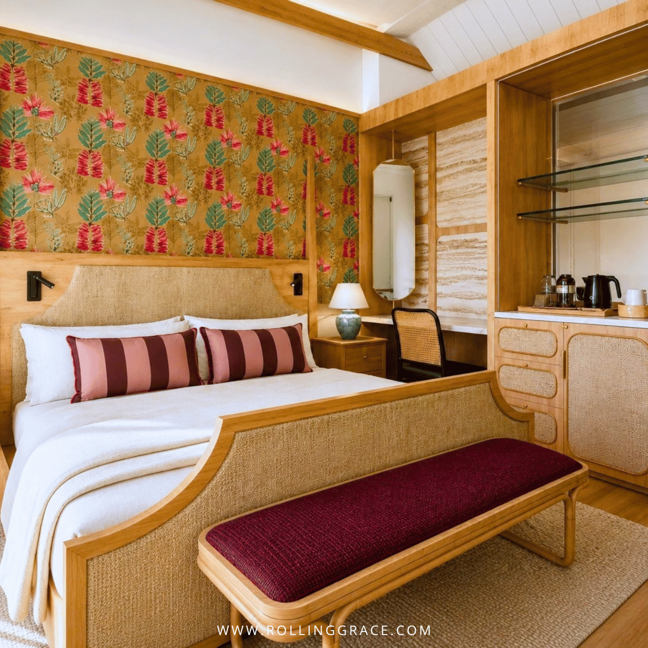 King bed against bespoke patterned wallpaper in a Ming suite, Ipoh House Collection at Temple Tree Resort Langkawi