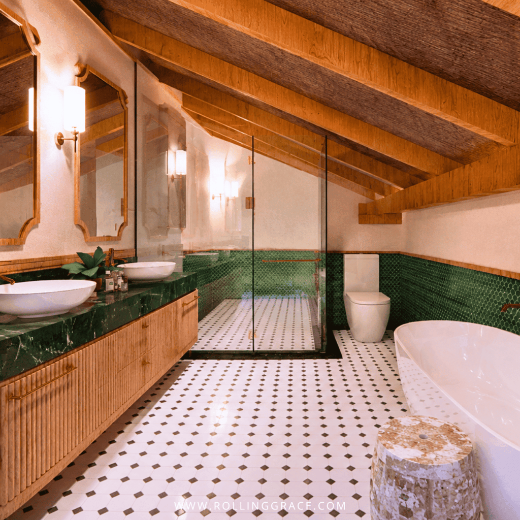Yu Suite bathroom with a green tiled vanity, freestanding bathtub and glass shower, Temple Tree Resort Langkawi