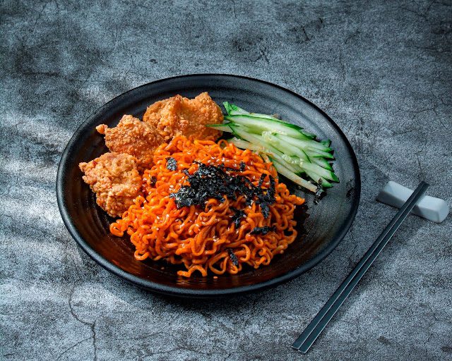 Spicy ramyeon topped with fried chicken, seaweed and cucumber at Jisoo Korean Fried Chicken, Bukit Tinggi Klang