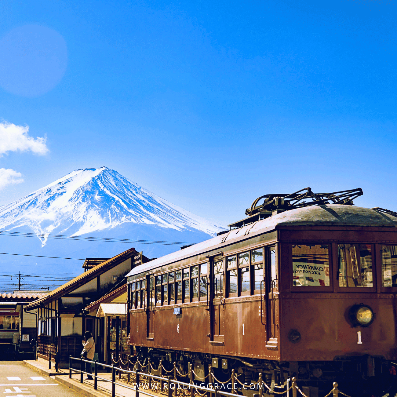 Japan Train Station Sounds: 7 Popular Birdsong and Melodies 3 Vintage brown train at a Japanese station with snow-capped Mount Fuji behind, recalling the history of Japan train station sounds